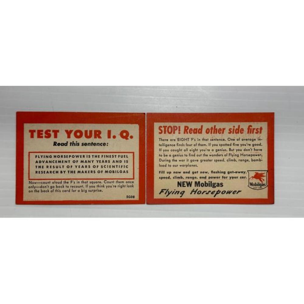 2 Vintage Mobilgas Mobil Gas IQ Test Pegasus Service Station Flying Horsepower